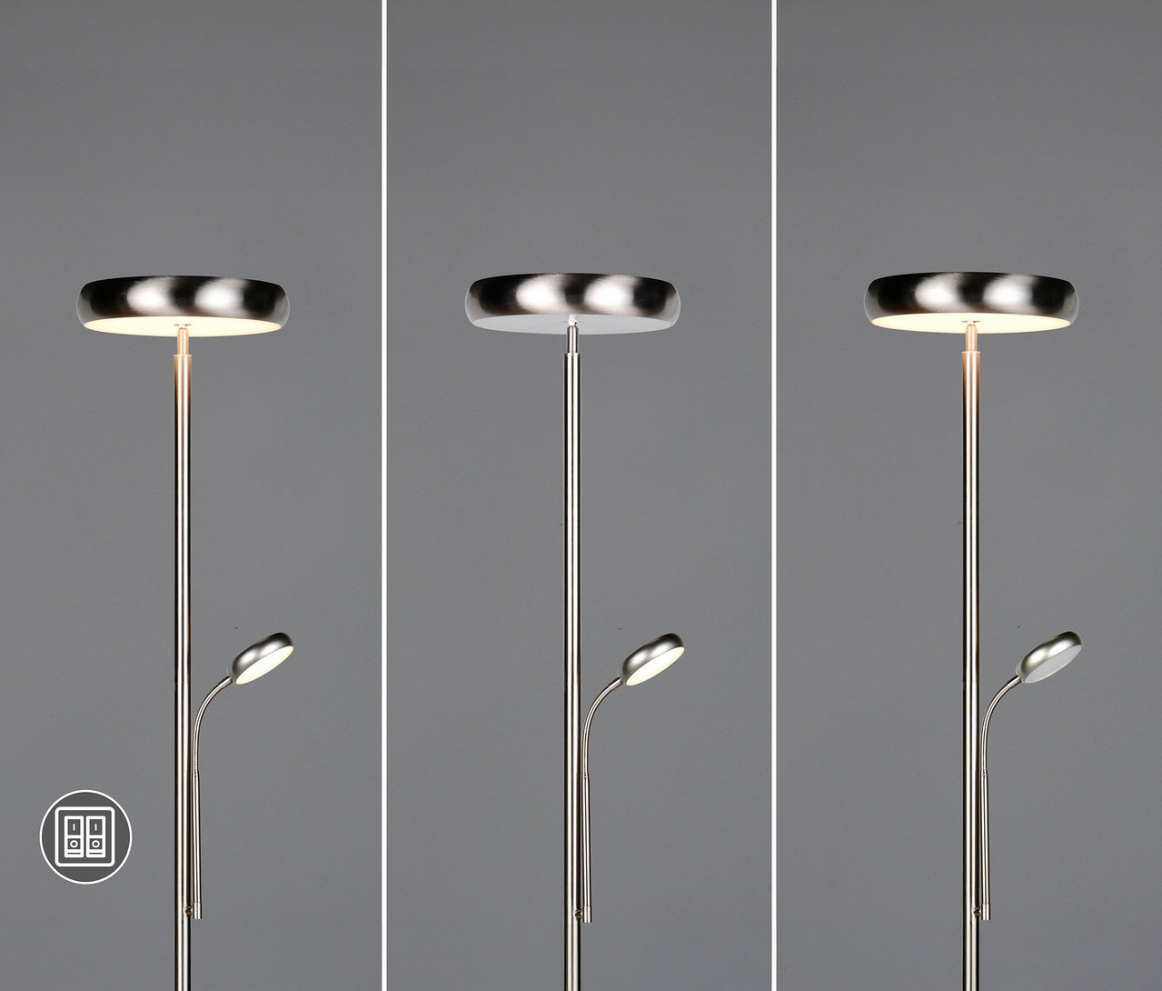 Drei Ansichten der nickelfarbenen Trio Stehleuchte »Palermo« mit runder Kopfleuchte und kleinerer, gebogener Leselampe.