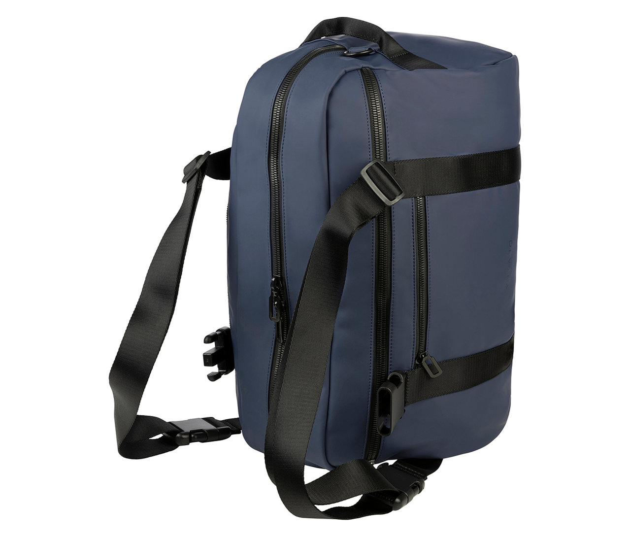 Marineblaue Reisetasche mit schwarzen Gurten und Reißverschlüssen.