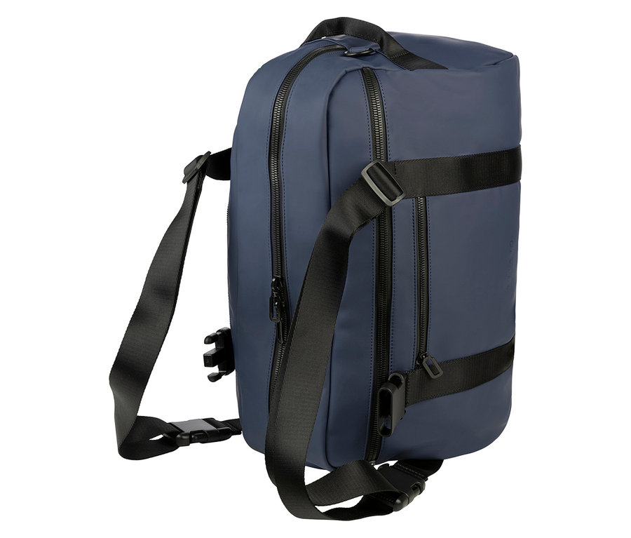 Marineblaue Reisetasche mit schwarzen Gurten und Reißverschlüssen.