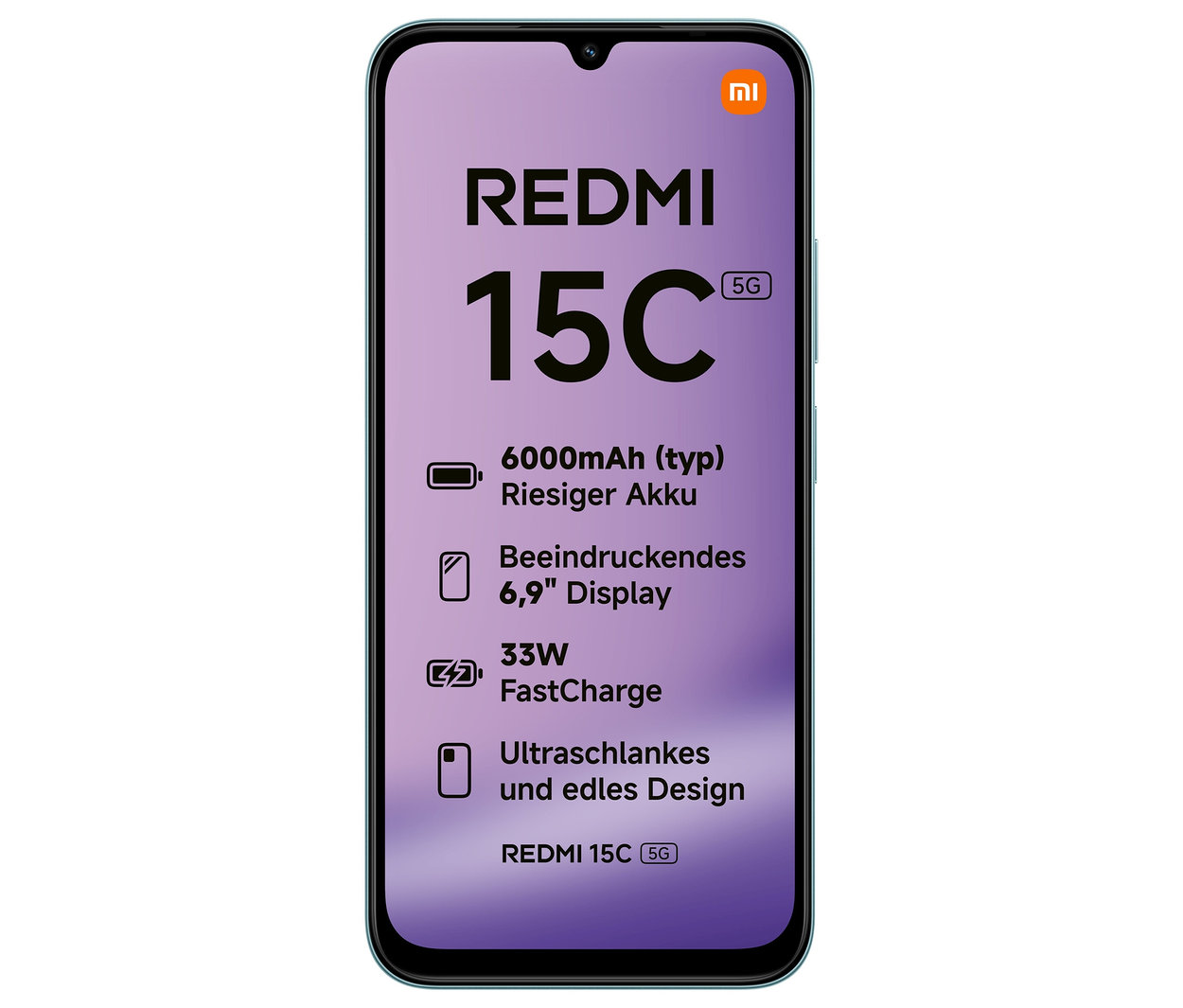 Nahaufnahme des Xiaomi Redmi 15C 5G in Mint Green, mit Produktdetails auf dem Bildschirm.