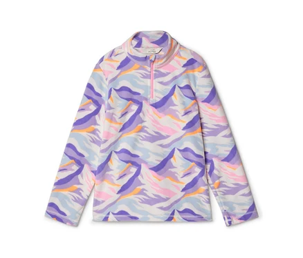 Weißes Fleece-Oberteil mit langen Ärmeln, Stehkragen und kurzem pinken Reißverschluss. Das Muster zeigt abstrakte Berge in Lila, Hellblau, Pink und Orange.