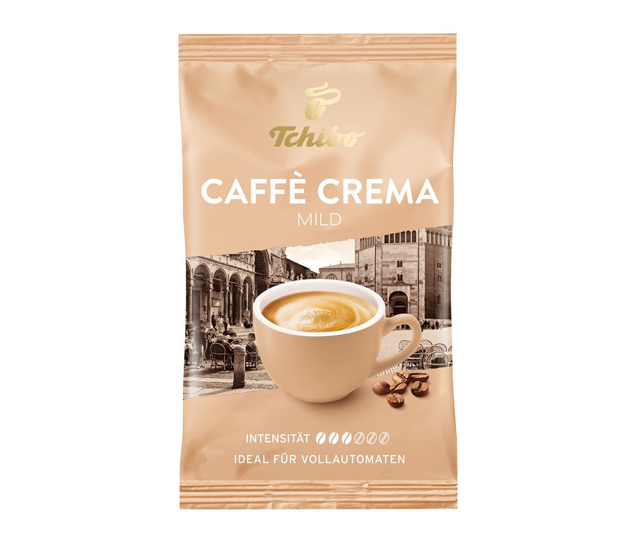 Packung Caffè Crema & Espresso Probierset - 4x 100 g Ganze Bohne mit Tasse Kaffee und Kaffeebohnen.