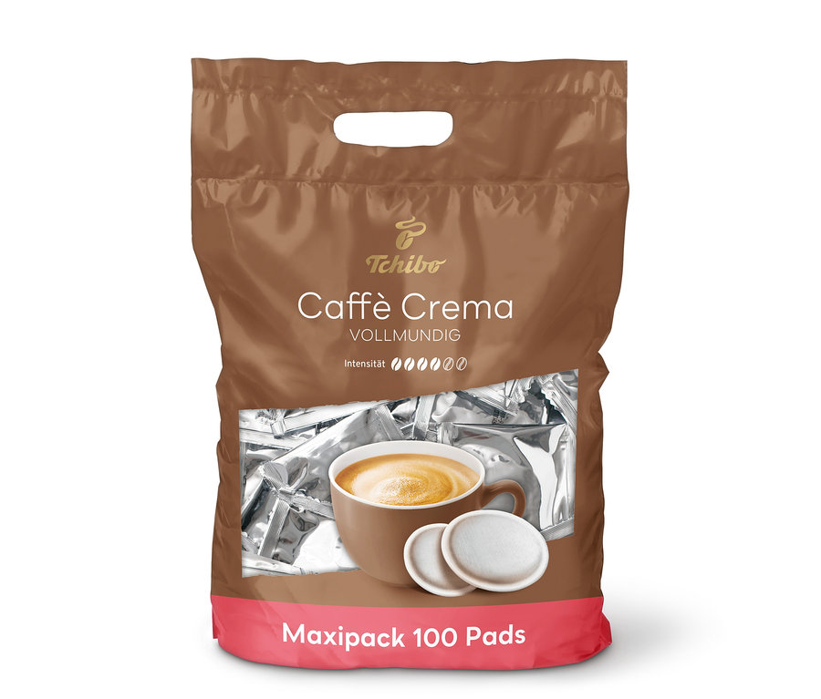 Eine Packung Caffè Crema Vollmundig Pads - 100 Pads. Auf der Packung ist eine Tasse Kaffee abgebildet.