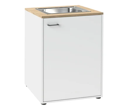 Weißer Schrank mit Holzplatte und integriertem Edelstahlwaschbecken. Er hat eine weiße Tür mit dunklem Griff.