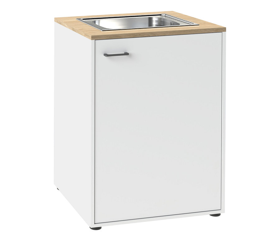 Weißer Schrank mit Holzplatte und integriertem Edelstahlwaschbecken. Er hat eine weiße Tür mit dunklem Griff.