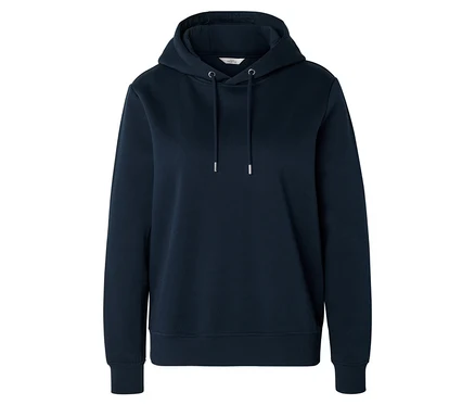 Dunkelblauer Hoodie mit Kapuze, Kordelzügen mit silbernen Enden, gerippten Bündchen und Saum, auf weißem Hintergrund.