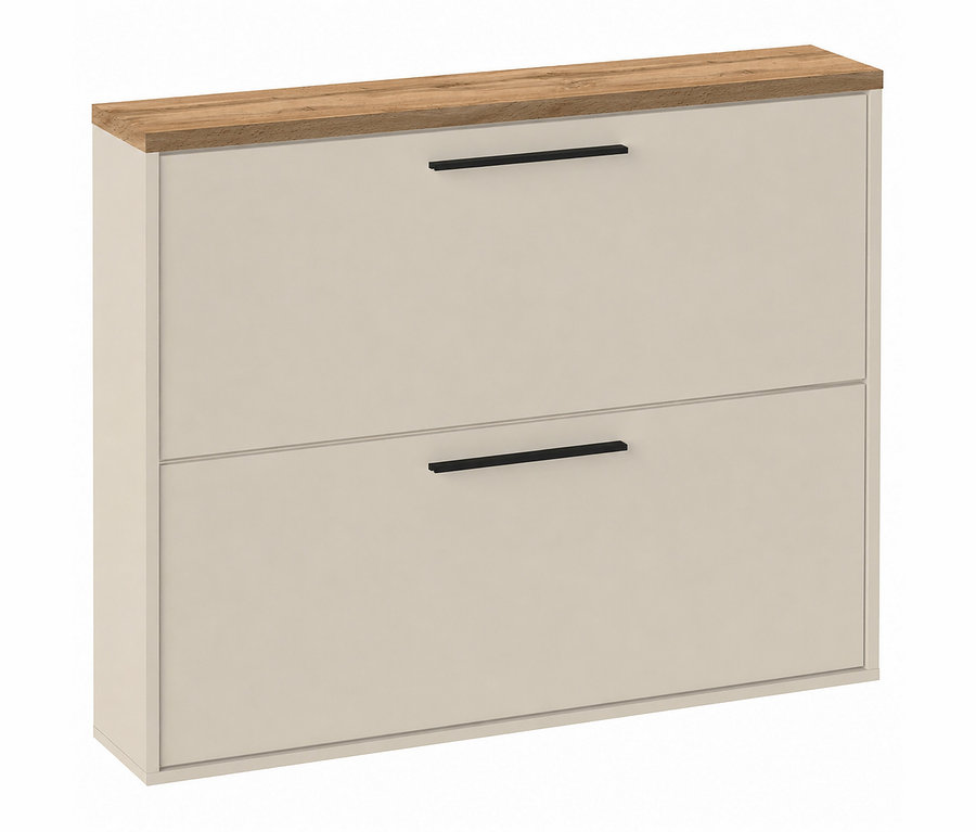 Beigefarbener Schuhschrank mit zwei Klappen, einer Holzplatte und schwarzen Griffen.