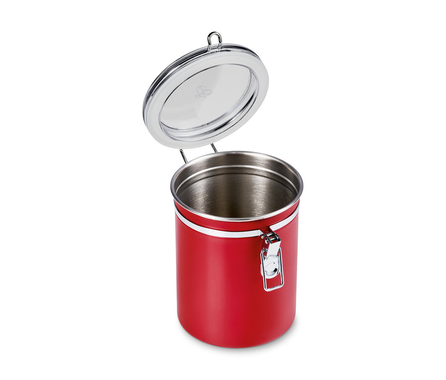 Eine rote Aromadose mit offenem Deckel.