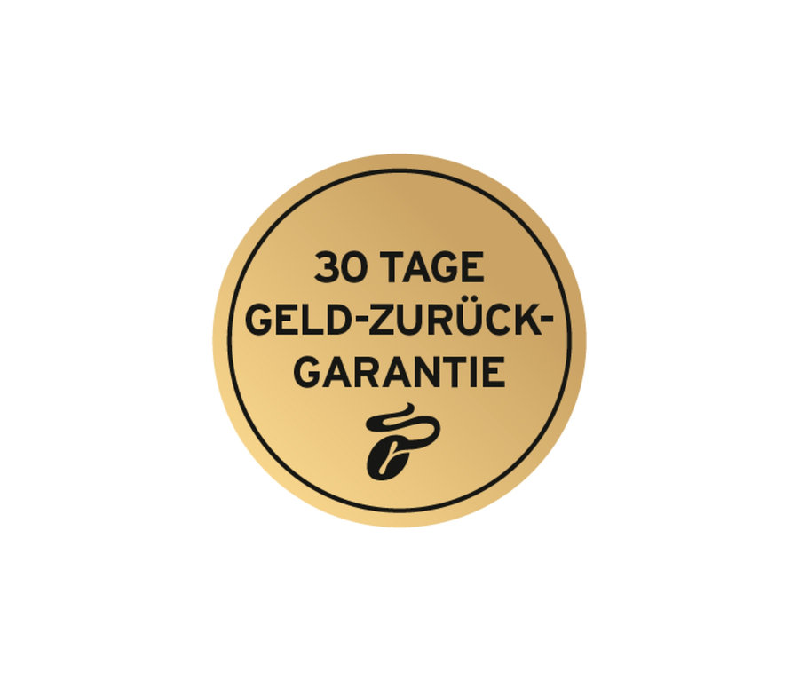 Goldener Kreis mit der Aufschrift „30 Tage Geld-zurück-Garantie“ und einem Kaffeesymbol.