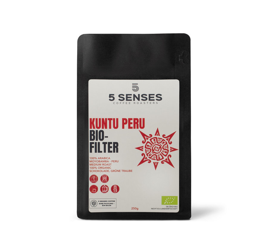 Eine 250-g-Packung 5 Senses Kuntu Peru Bio-Filterkaffee - Ganze Bohne.