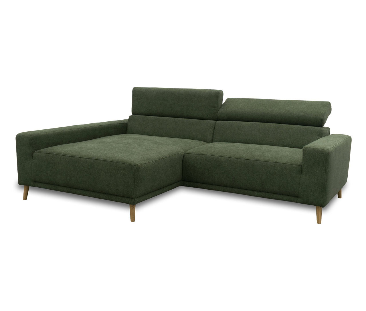 Grünes DOMO Sofa »Malmö« in L-Form mit Longchair links, verstellbaren Kopfstützen und Holzfüßen.