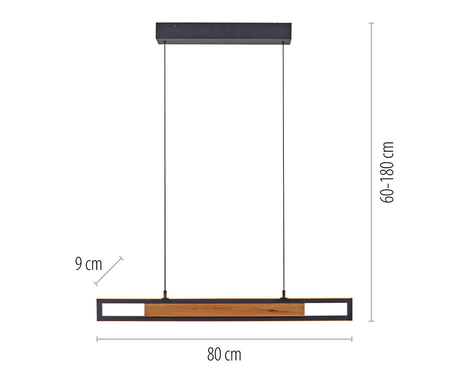 Rechteckige Pendelleuchte aus schwarzem Metall und Holz, 80 cm lang, 9 cm breit, höhenverstellbar von 60-180 cm.