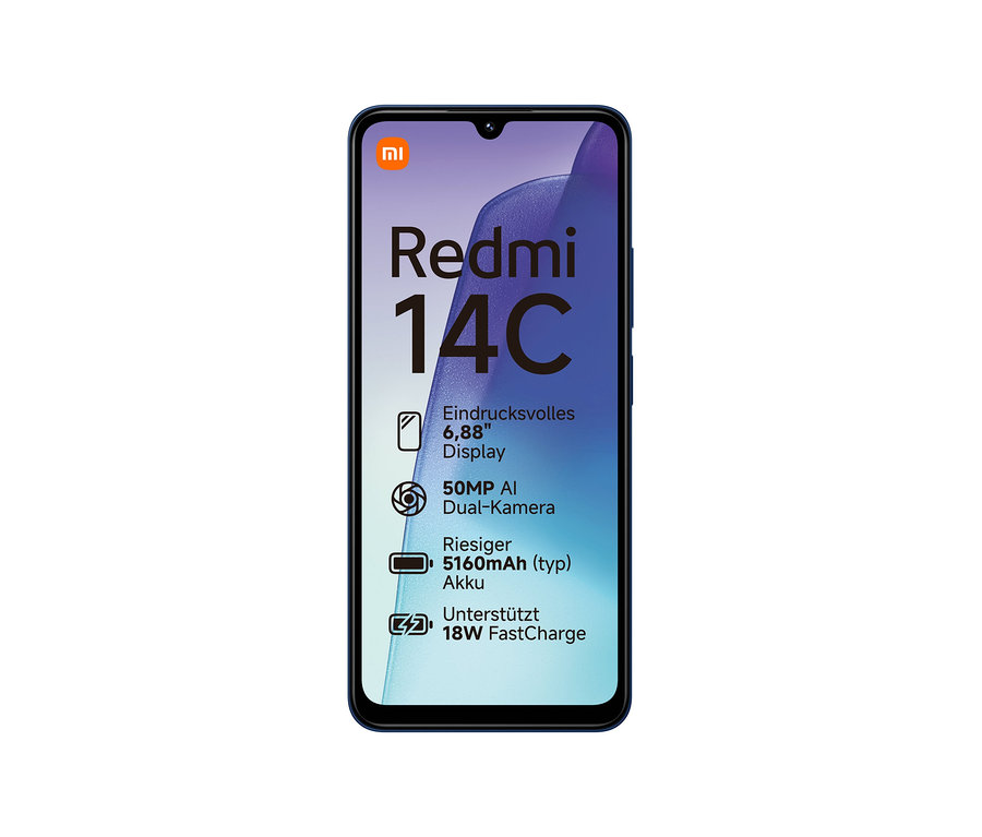 Abbildung eines blauen Xiaomi Redmi 14C Telefons.