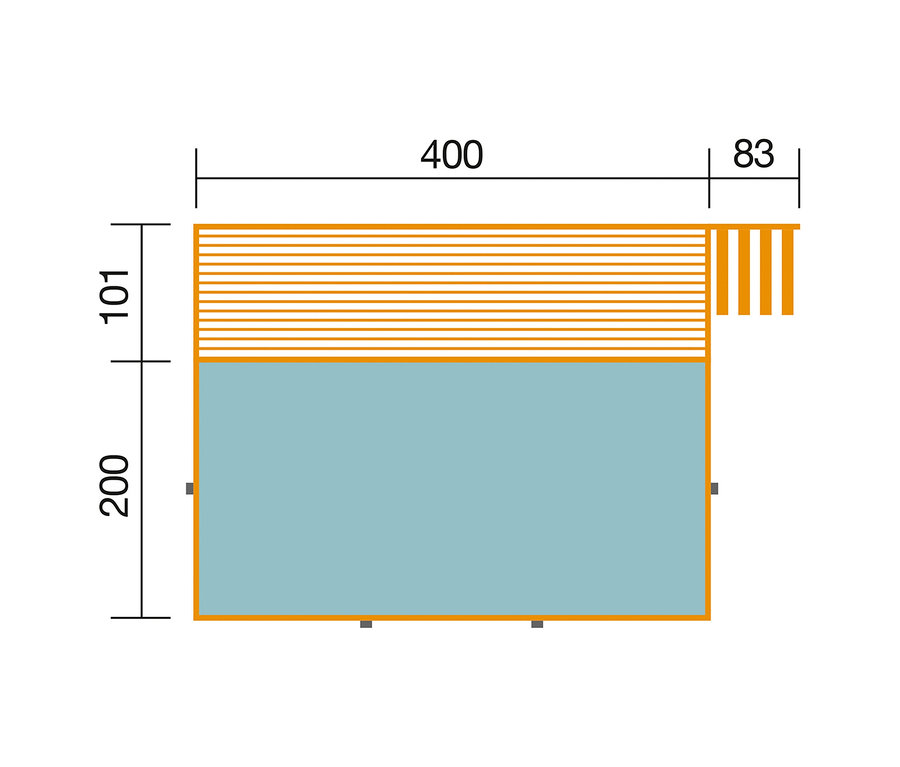 Draufsicht-Diagramm des WEKA Gartenpools mit Sonnendeck (ca. 400 x 301 cm). Blauer Pool, orangefarbenes Sonnendeck (101 cm breit).