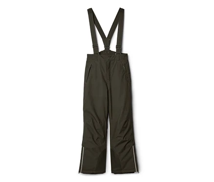 Dunkelgrüne Schneehose mit verstellbaren Hosenträgern, Reißverschlusstaschen an den Hüften und reflektierenden Streifen an den Unterschenkeln.