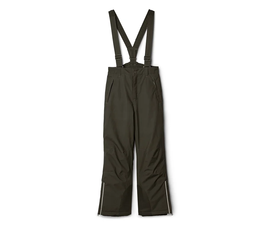Dunkelgrüne Schneehose mit verstellbaren Hosenträgern, Reißverschlusstaschen an den Hüften und reflektierenden Streifen an den Unterschenkeln.