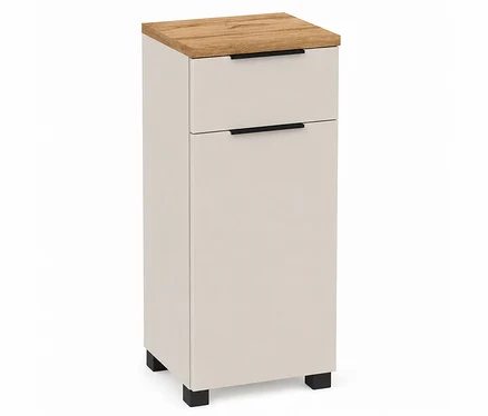 Hoher, schmaler beiger Schrank mit Holzplatte, einer Schublade und einer Tür mit schwarzen Griffen, auf schwarzen Füßen stehend.