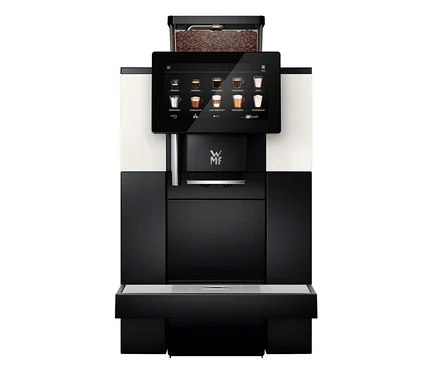 Frontansicht des Profi-Kaffeevollautomaten »WMF 950 S« in Schwarz und Weiß.