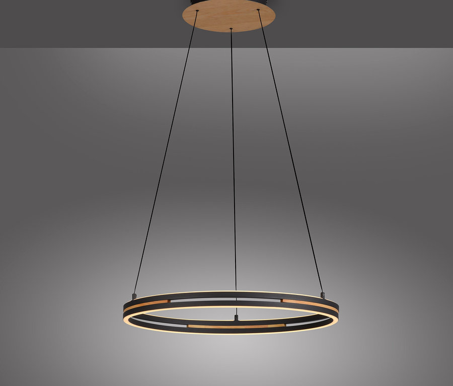 Kreisförmige Pendelleuchte mit schwarzem Rahmen und Holz-Akzent, die Licht von ihren Rändern abstrahlt und an Drähten von einer schwarzen und hölzernen Deckenhalterung hängt.