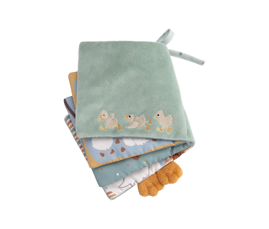 Weiches Baby-Aktivitätsbuch mit hellgrünem Einband, bestickt mit drei Entenküken, darunter bunte Seiten und ein orangefarbenes Strukturelement.