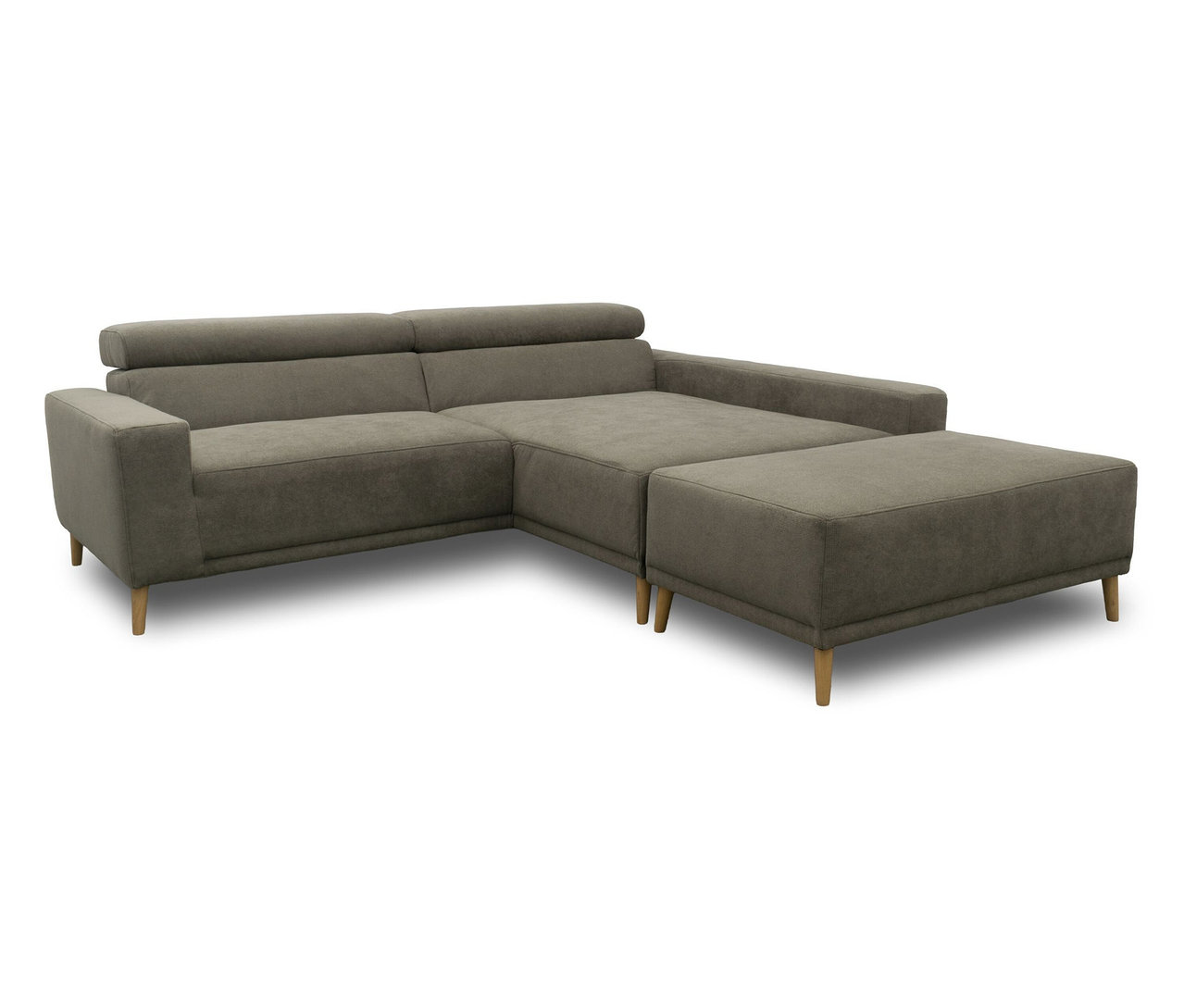 Graues DOMO Eck-Schlafsofa »Malmö« mit Longchair rechts und passendem Hocker, auf holzfarbenen Beinen.