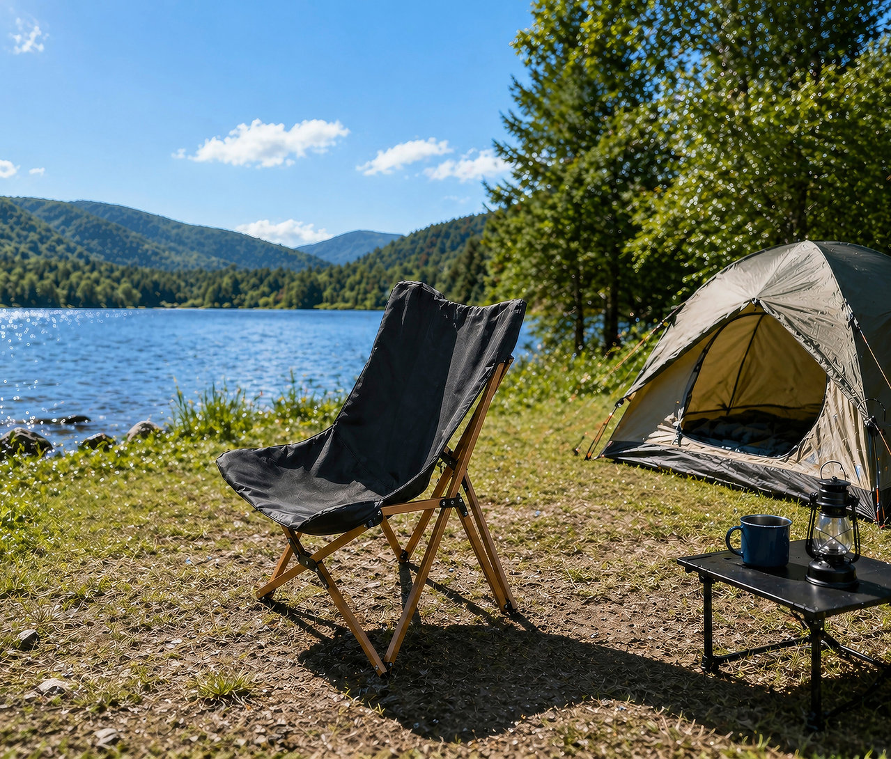 Schwarzer Faltbarer Campingstuhl am Ufer eines Sees, daneben ein grünes Zelt, ein Tisch mit Becher und Laterne. Im Hintergrund bewaldete Berge unter blauem Himmel.