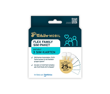 Nahaufnahme einer Tchibo Mobil Flex Family SIM-Paket-Verpackung mit drei SIM-Karten und Informationen zu Tarifen und Rabatten.