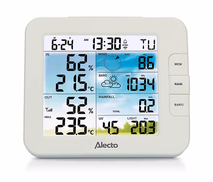 Weiße digitale Wetterstation zeigt 13:30 Uhr, Datum 6-24, Innentemperatur 21,5°C, Luftfeuchtigkeit 62%, Außentemperatur 23,5°C, Luftfeuchtigkeit 52%, Windböe 8,6 m/s, Luftdruck 1034 hPa, Niederschlag 0,2 mm, UV-Index 4,5 und Licht 20,3 klux. Marke Alecto.
