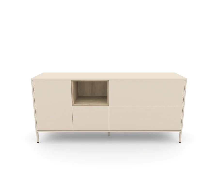 Cashmere-weißes Sideboard »Hygge« mit einer Tür und einem offenen Fach steht auf Füßen.