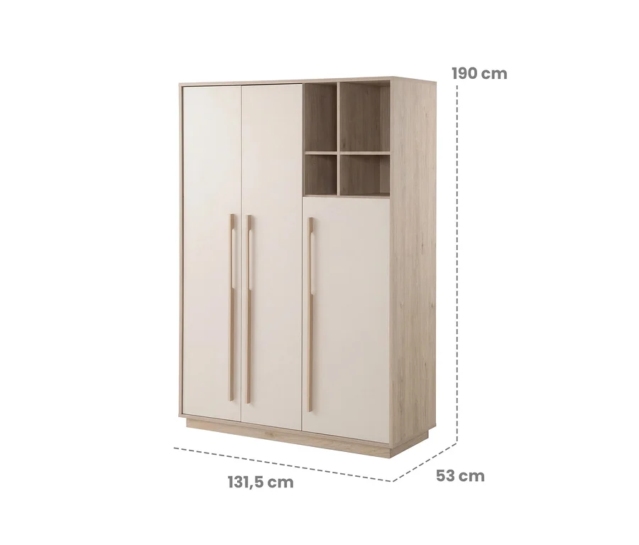 Kleiderschrank aus dem Roba 3-teiligen Kinderzimmer-Set »Elva« in Cashmere und Virginia Chestnut, mit drei Türen und vier offenen Fächern, 190x131,5x53 cm.