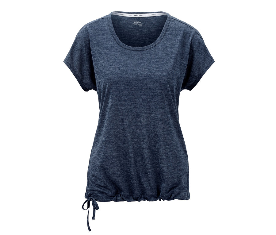 Blaues Funktionsshirt mit kurzen Ärmeln und Kordelzug am Saum.