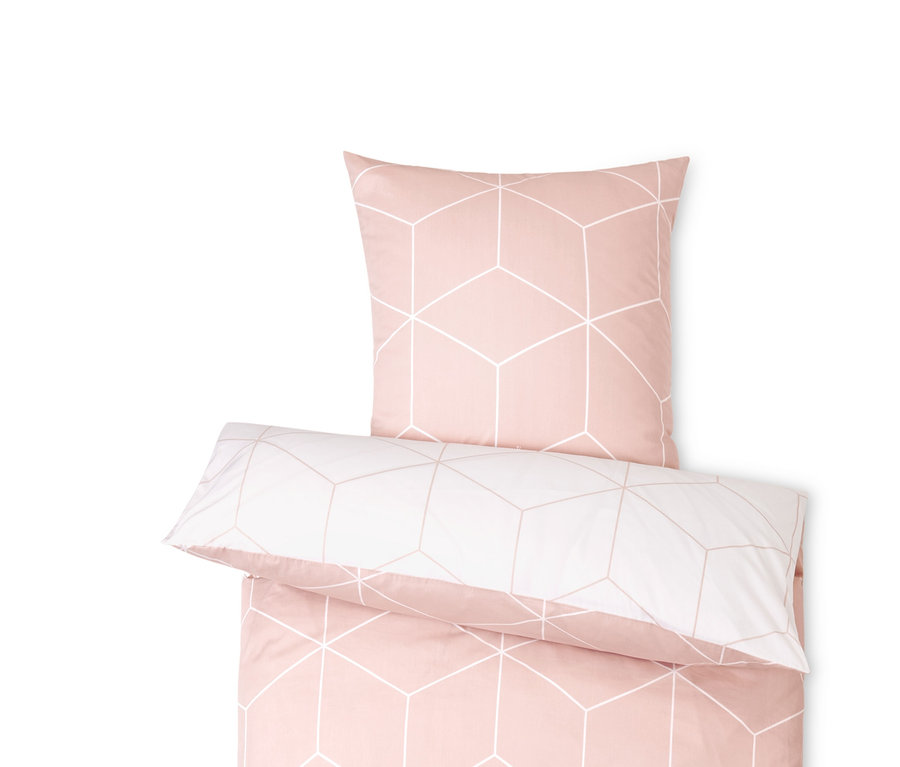 Rosa Bettwäsche mit geometrischem Muster und weißem Rand.