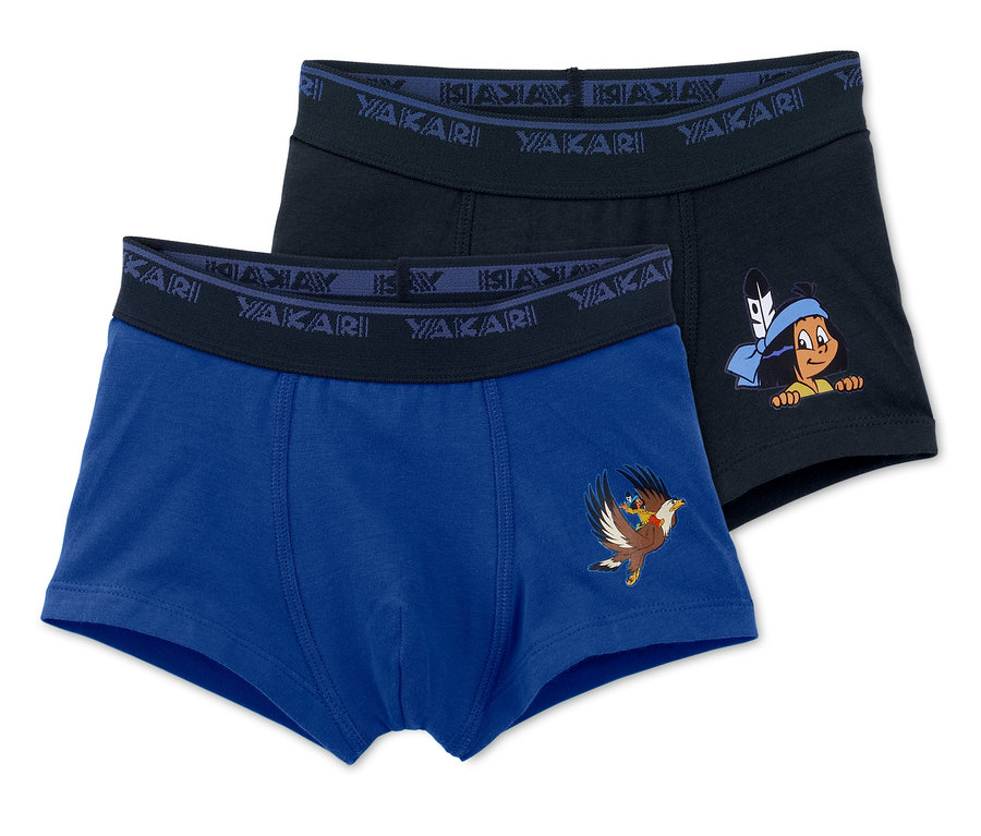 Zwei Yakari-Slipboxer, eine blau mit Adler, die andere marineblau mit Yakari.