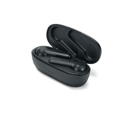 Schwarze TWS-In-Ear-Bluetooth®-Kopfhörer in geöffnetem Ladecase.