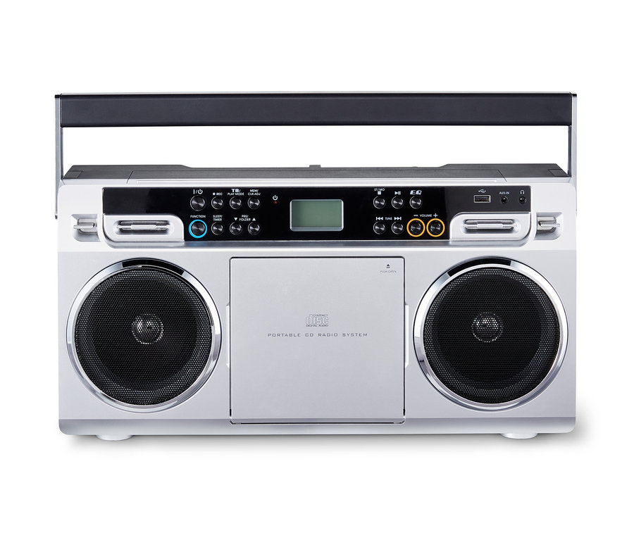 Silberner Lenco SCD-580 tragbarer Boombox im 80er-Jahre-Stil.