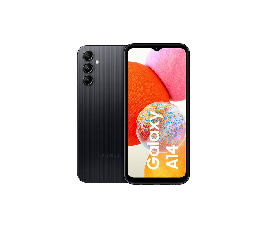 Schwarzes Samsung Galaxy A14 LTE 64 GB, sowohl Vorder- als auch Rückseite sichtbar.
