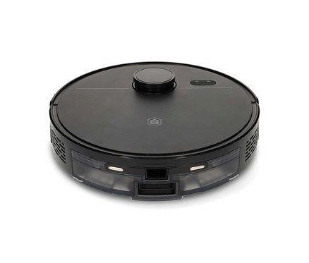 Schwarzer, runder Saugroboter mit einem erhöhten runden Sensor, Power- und Home-Tasten sowie einem WLAN-Symbol oben. Vorne ist ein transparenter Behälter sichtbar, seitlich sind Lüftungsschlitze.