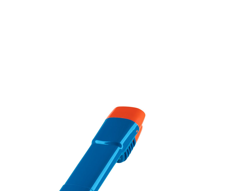 Blaue Vollgesichts-Schnorchelmaske mit orangefarbenen Akzenten.