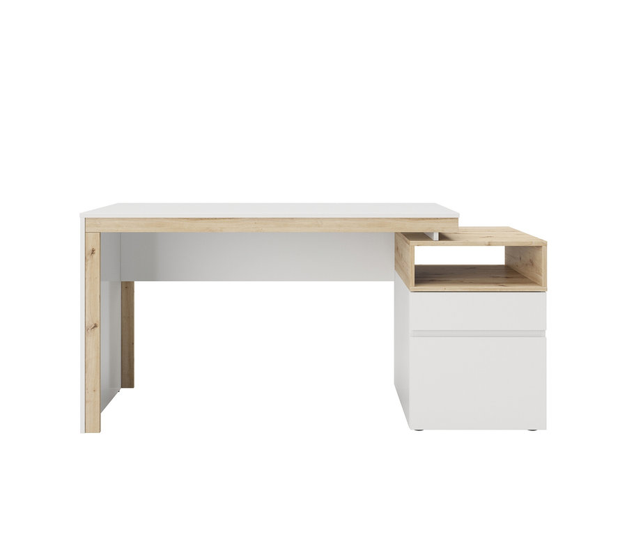 Weißer und hellbrauner Schreibtisch mit Schubladen und Ablagefächern.