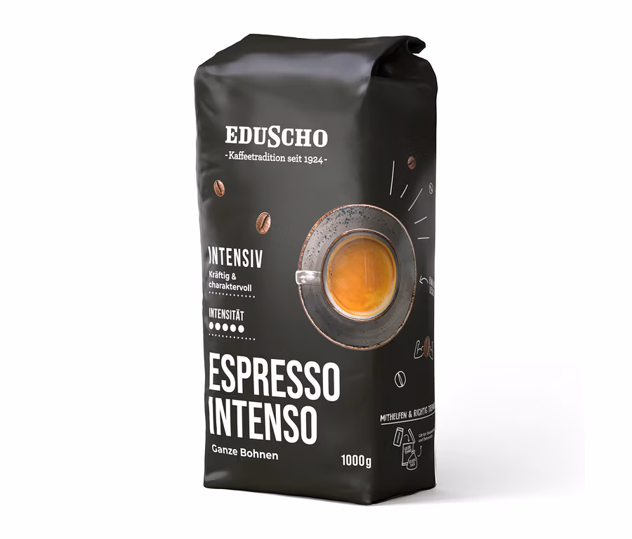 Schwarze 1 kg Packung Eduscho Espresso Intenso ganze Bohnen, mit Espresso-Tasse und Kaffeebohnen-Grafiken.