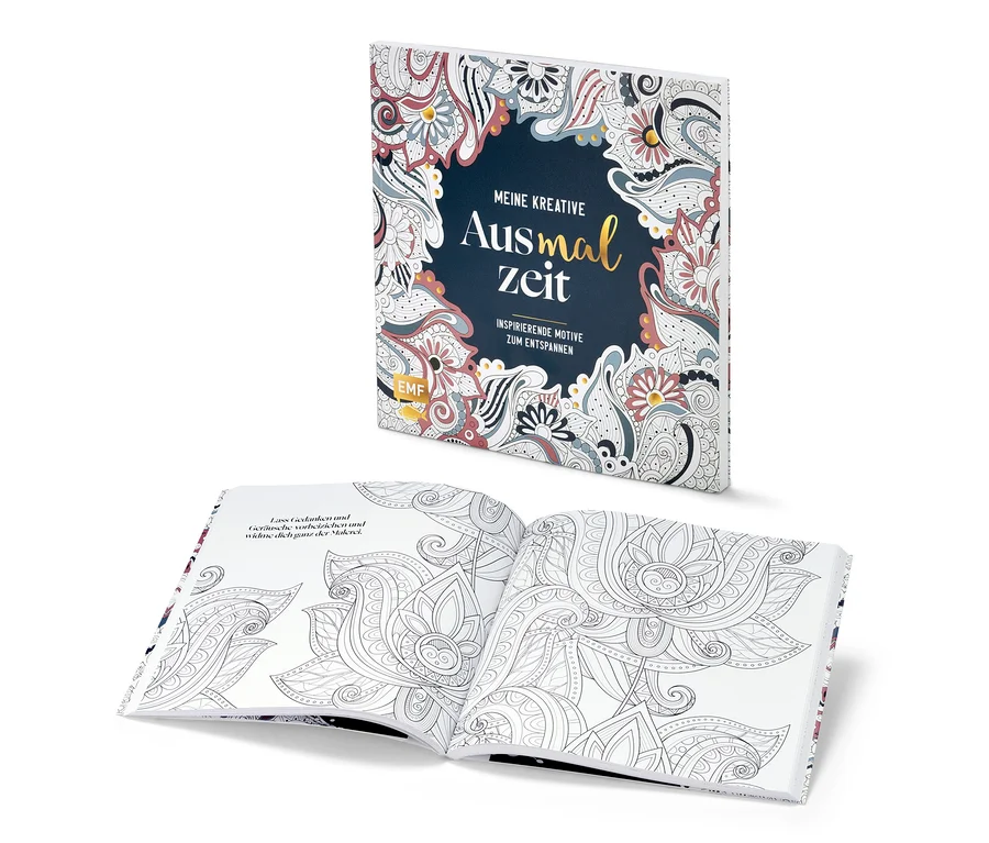 Aufgeschlagenes Buch "Meine kreative Ausmalzeit" mit detaillierten Mustern auf den Seiten.