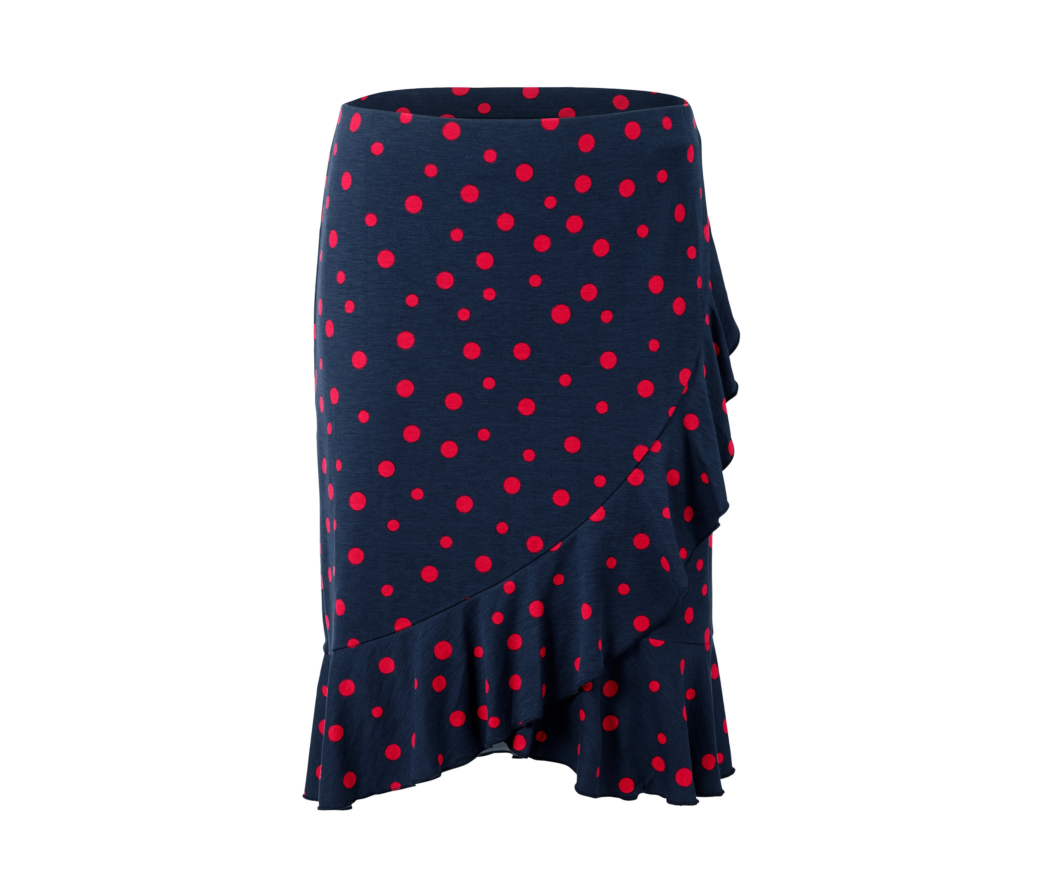 Jerseyrock in Wickeloptik mit roten Punkten.