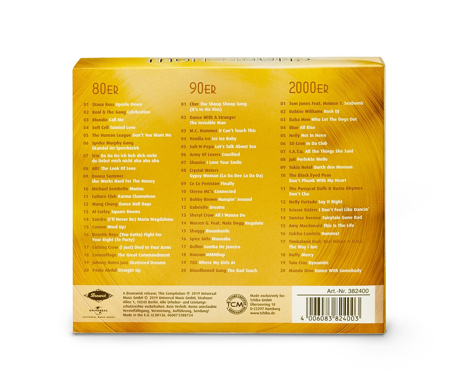 Gelbe CD »CHART SHOW«-Hülle mit Musik aus den 80ern, 90ern und 2000ern.