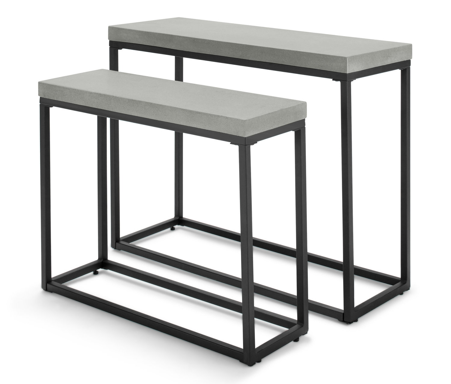 Zwei Metall-Konsolentische in Betonoptik stehen auf einem weißen Hintergrund.