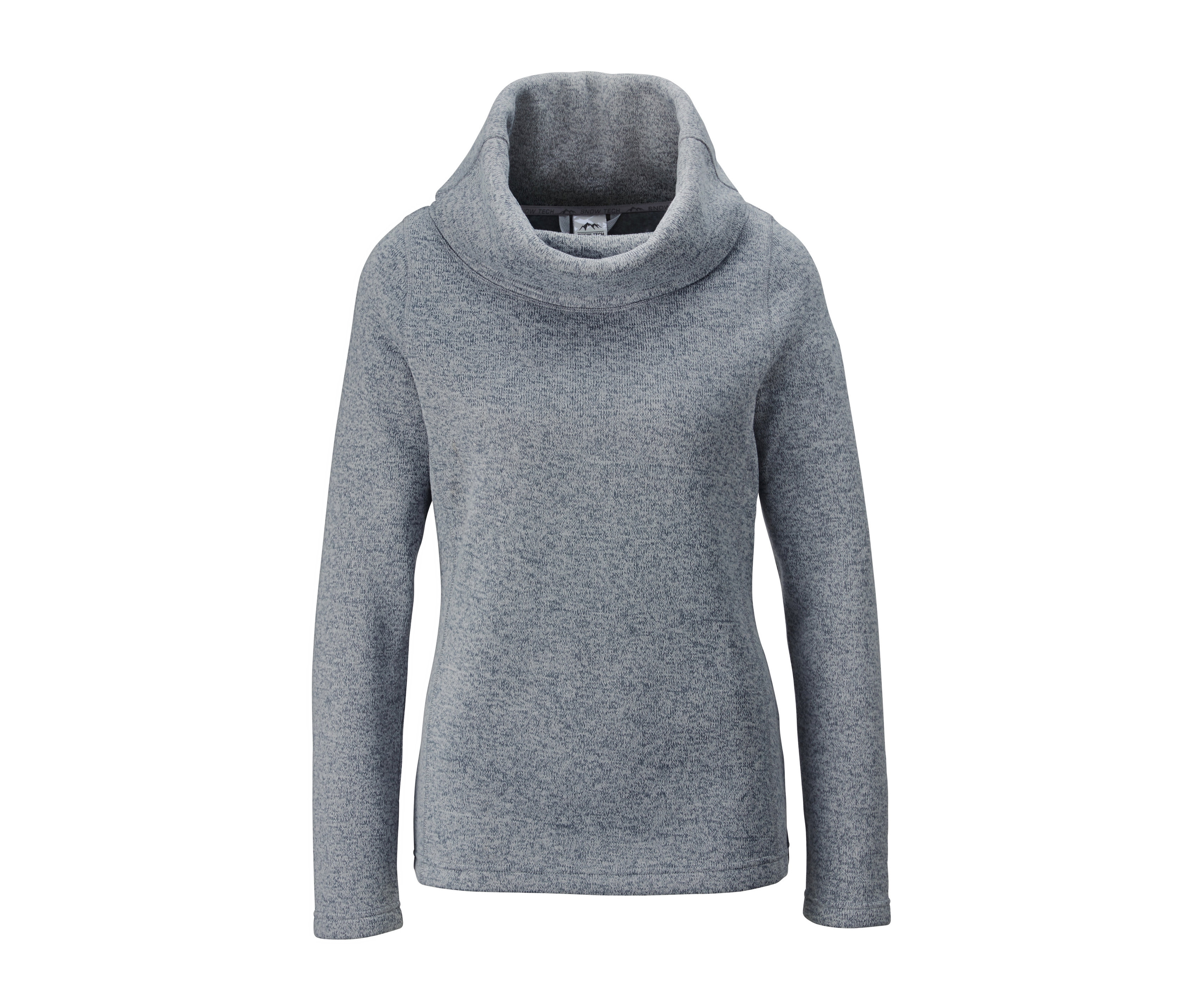 Ein grauer Strickfleecepullover mit Rollkragen.