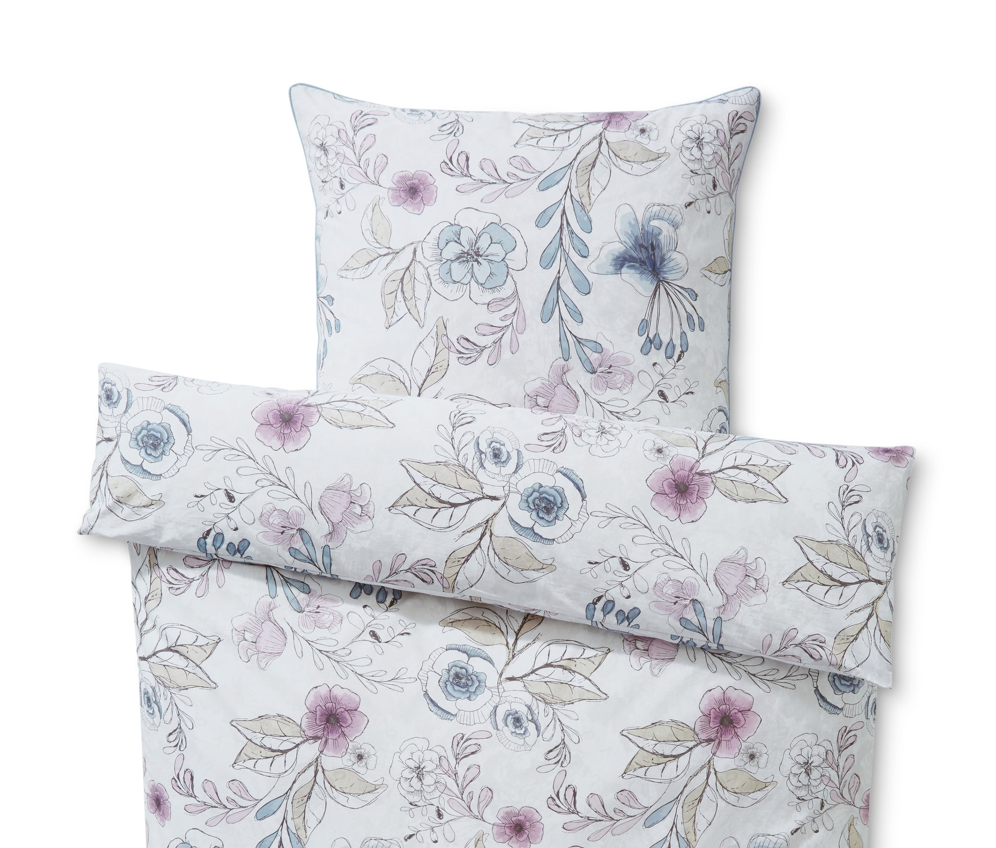 Blumige Perkal-Bettwäsche, Normalgröße, mit Kissen und Bettbezug.