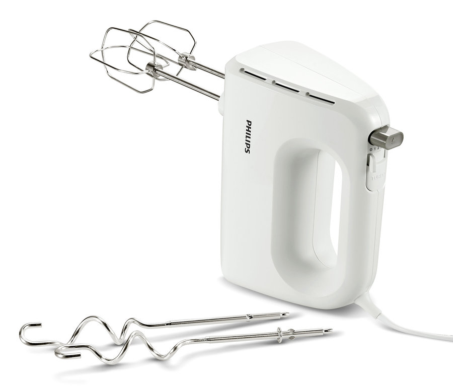 Weißer Philips-Handmixer HR 3706 mit zwei Aufsätzen.