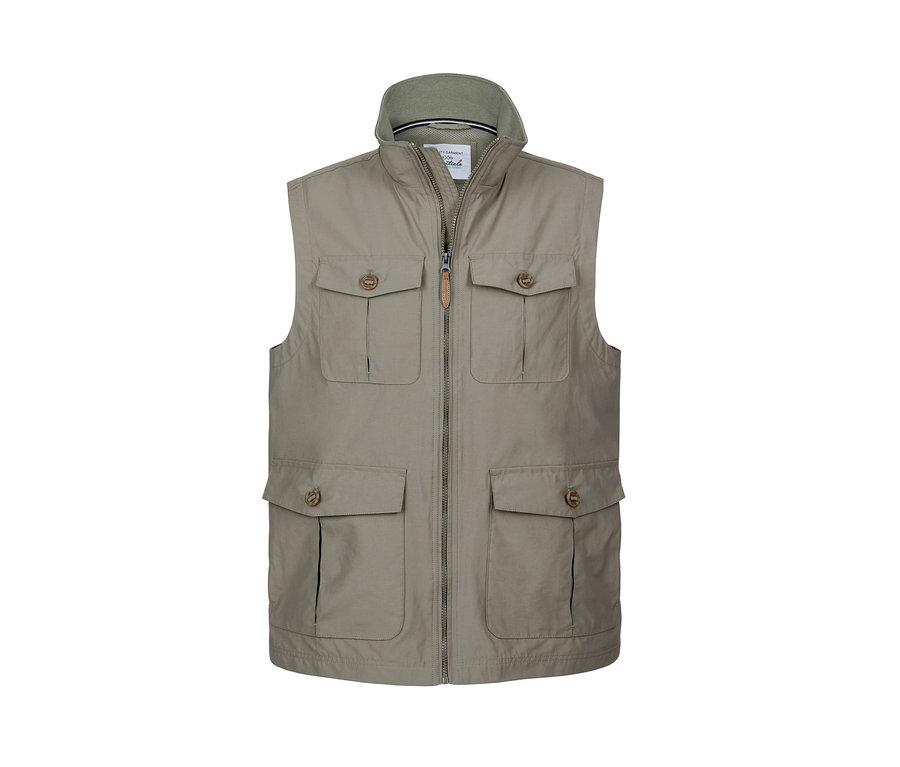 Khakifarbene Weste mit vier Taschen.