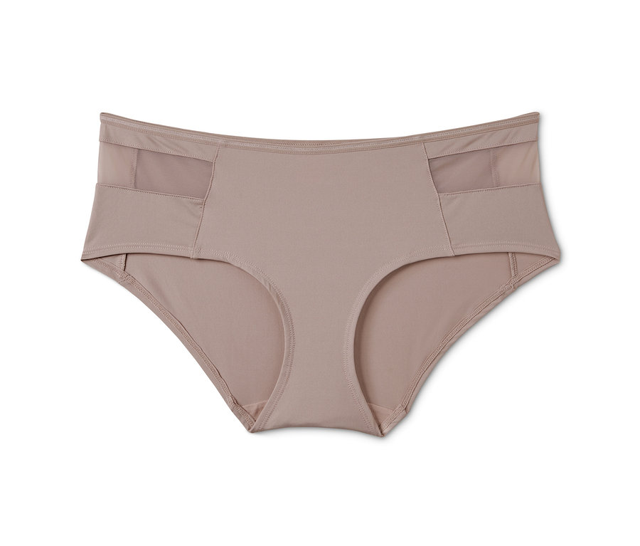 Ein Paar beige 2 Pantys mit transparenten Einsätzen an den Seiten.