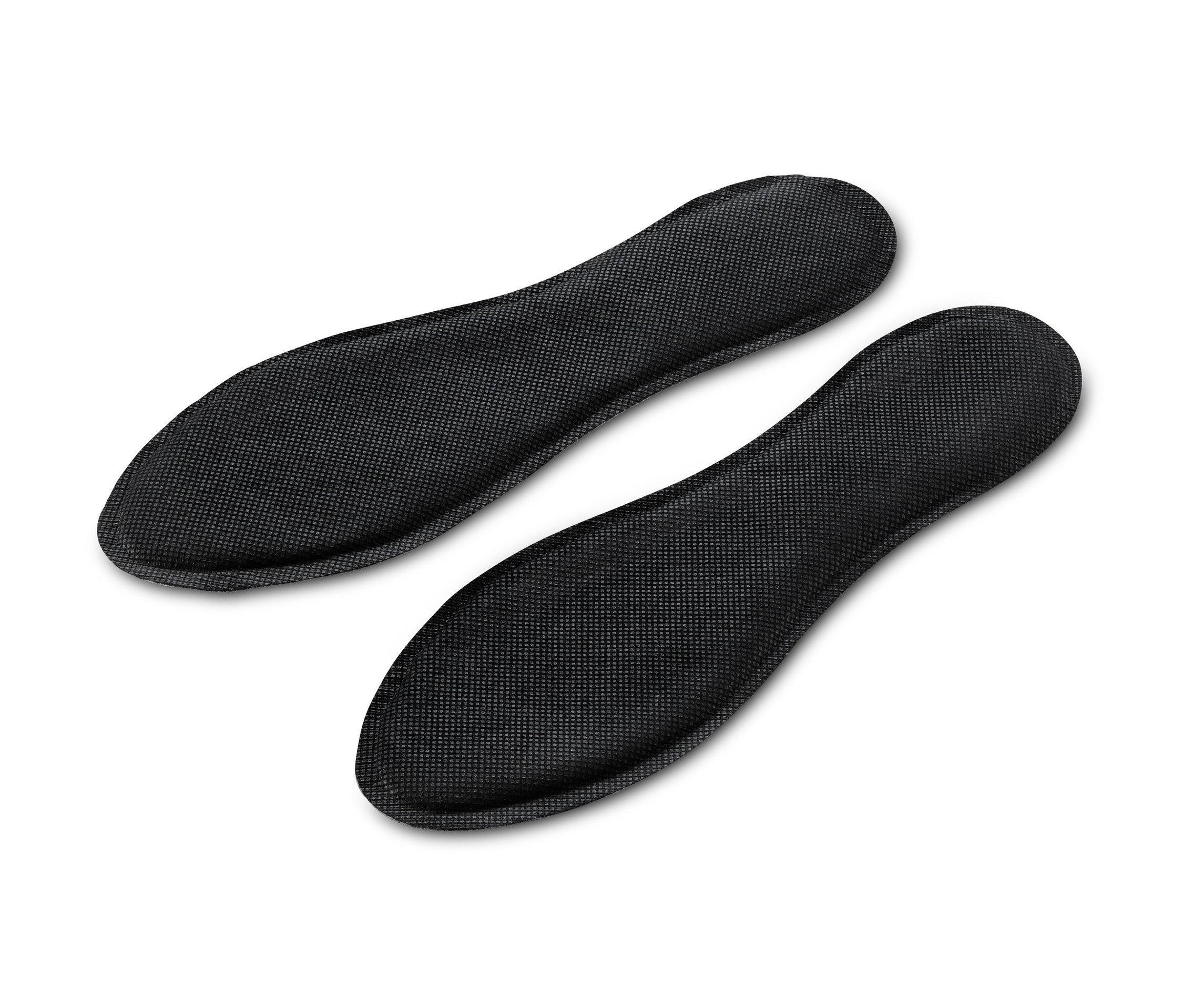 Zwei schwarze, selbsterwärmende Einlegesohlen (3 Paar) liegen nebeneinander auf einem weißen Hintergrund.